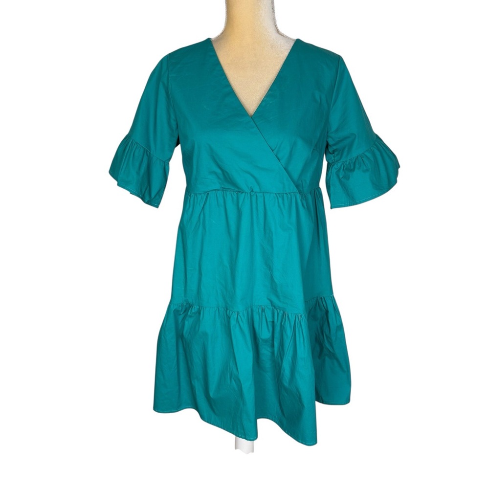 NWT Molly Bracken Teal‎ Vneck Tiered Ruffle Bell Sleeve Aline Dress Small